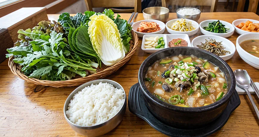 Freshwater Snail Leaf Wraps and Rice | 우렁쌈밥
